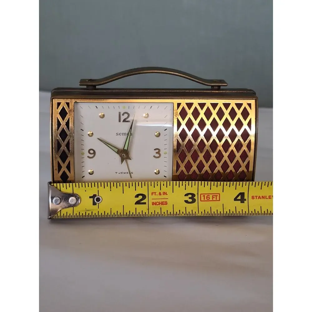Vintage Semca Swiss 7 Jewel Brass Suitcase Style Musical Alarm Clock MCM Working